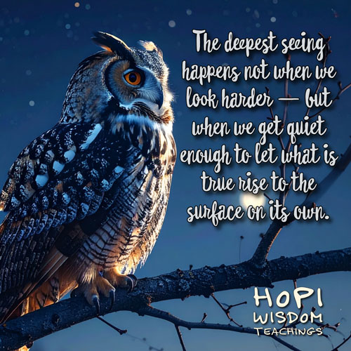 The deepest seeing happens not when we look harder — but when we get quiet enough to let what is true rise to the surface on its own. - Hopi Wisdom Teachings.